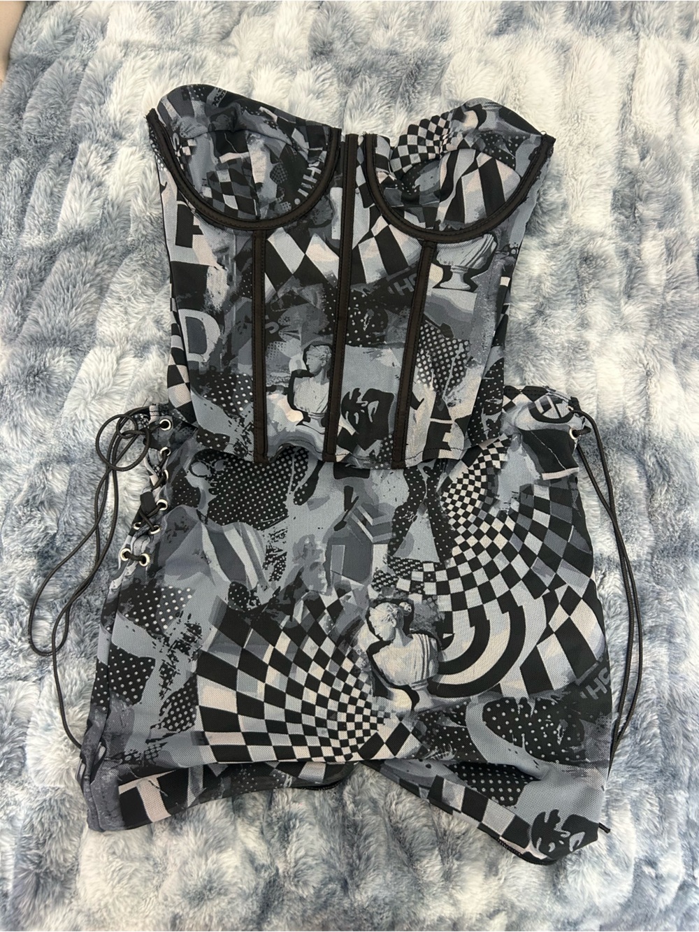Edikted Black and Gray Graphic Bustier Set
